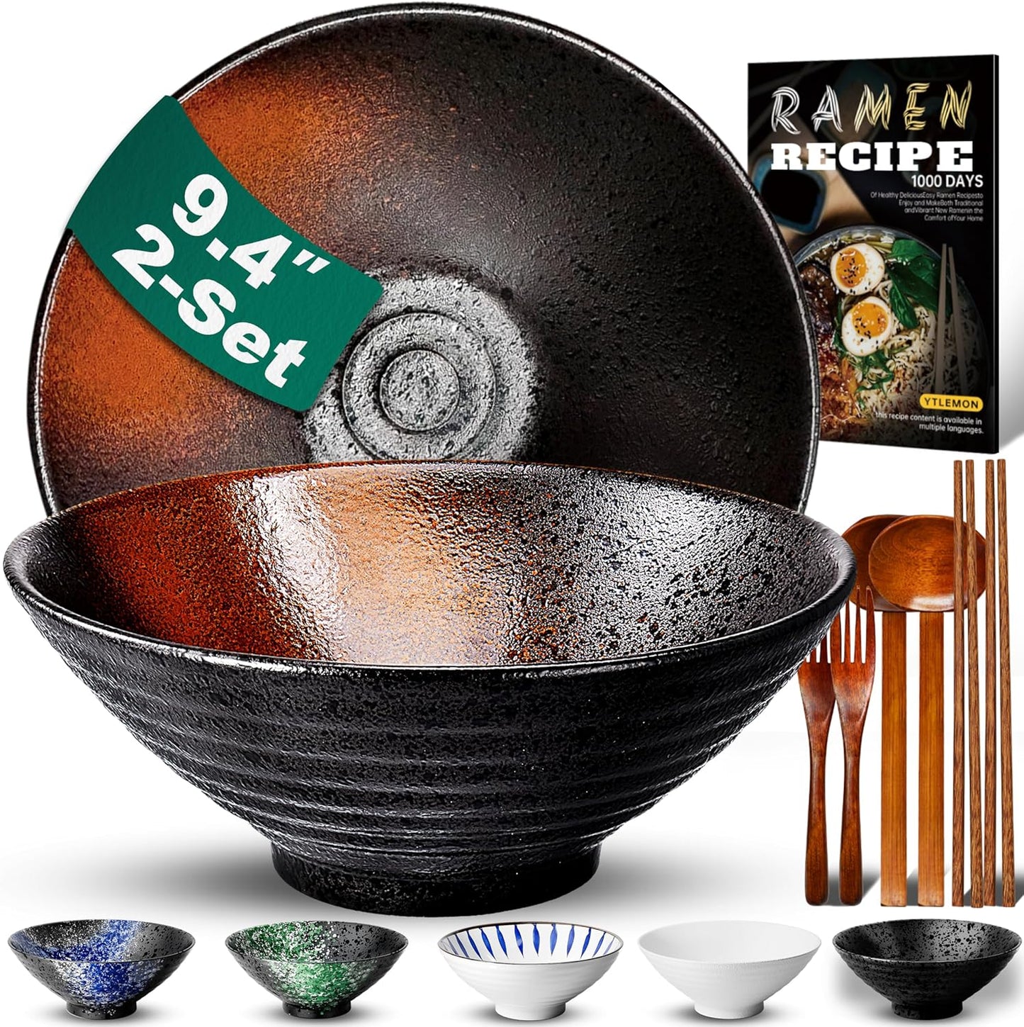 9.4Inch Ceramic Ramen Bowl Set for Noodles and Salads