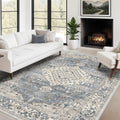 Distressed Washable 8x10 Area Rug - Low Pile Vintage Blue Beige