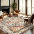 Washable Area Rug 9ftx12ft Red Khaki Retro Flowers Boho Design
