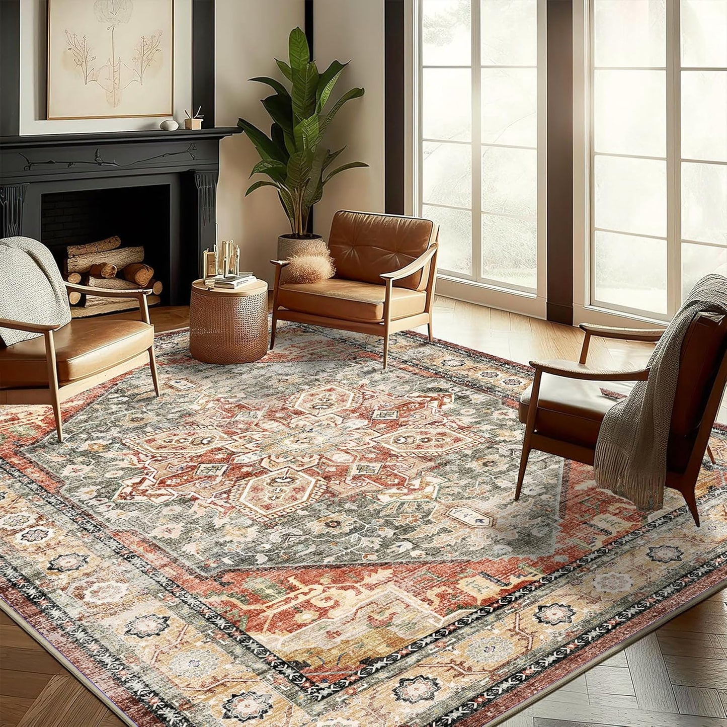 Washable Area Rug 9ftx12ft Red Khaki Retro Flowers Boho Design