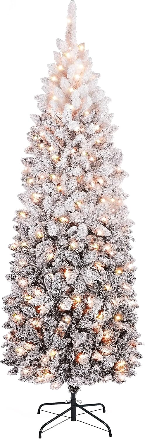 Yaheetech 6ft Pre-lit Snow Flocked Pencil Christmas Tree