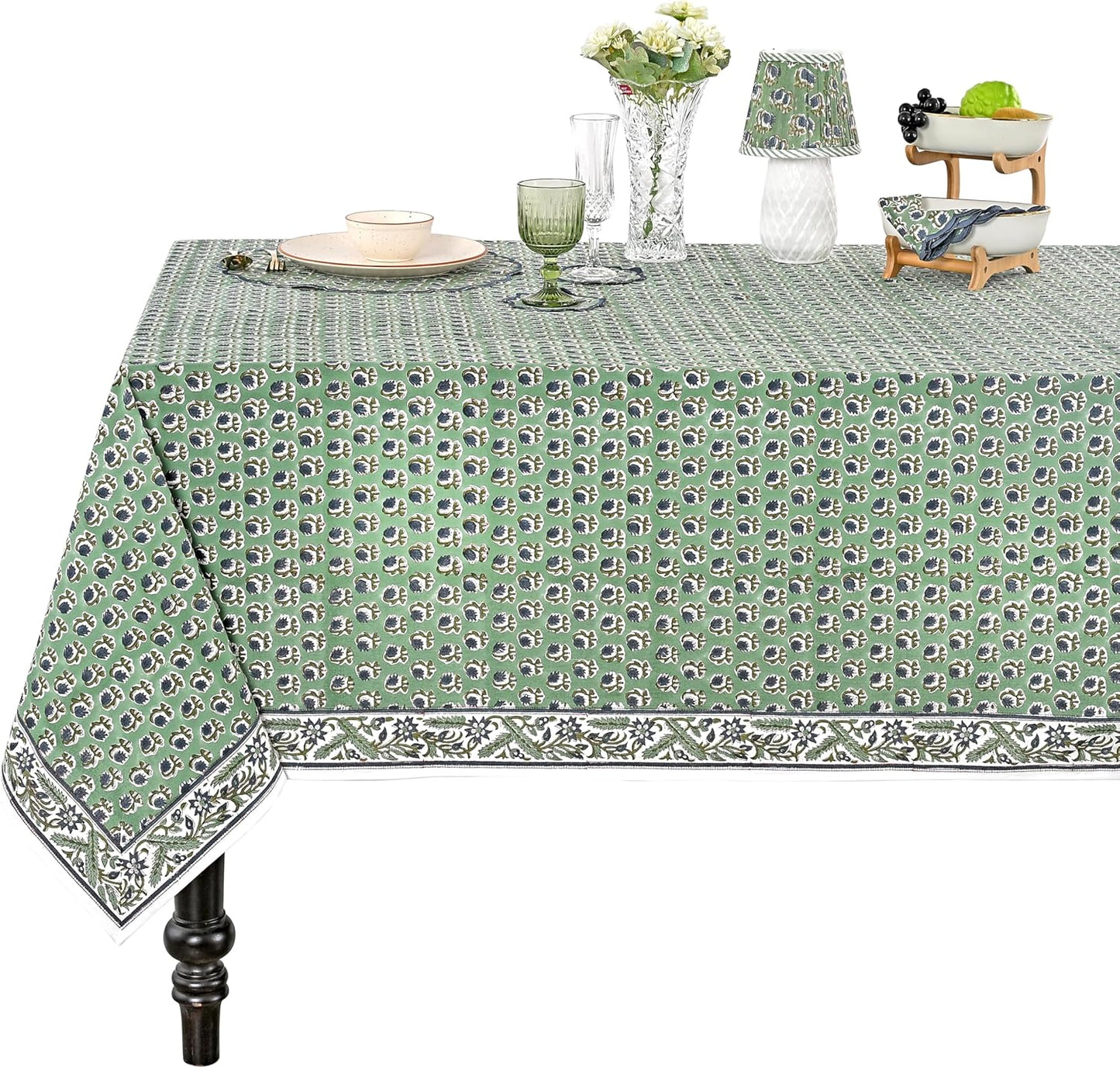 Ridhi Basil Green 60x60 Inches Square Cotton Tablecloth for Events