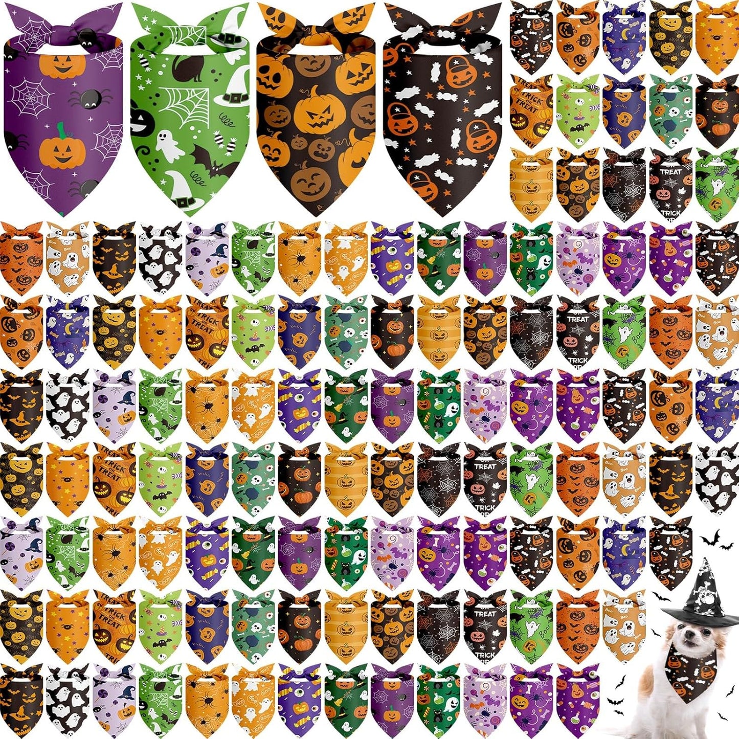 Chunful 120 pcs Halloween Bandanas for Dogs with Fun Designs