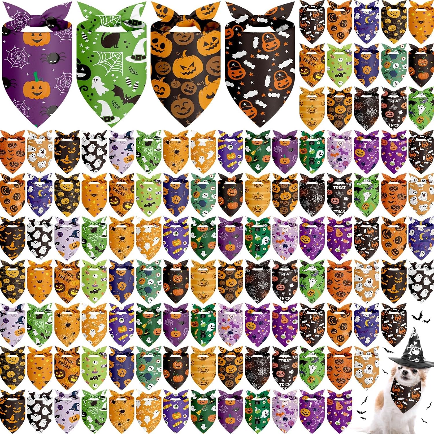 Chunful 120 pcs Halloween Bandanas for Dogs with Fun Designs