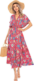 R.Vivimos Women Summer Print Deep V Neck Cotton Dress