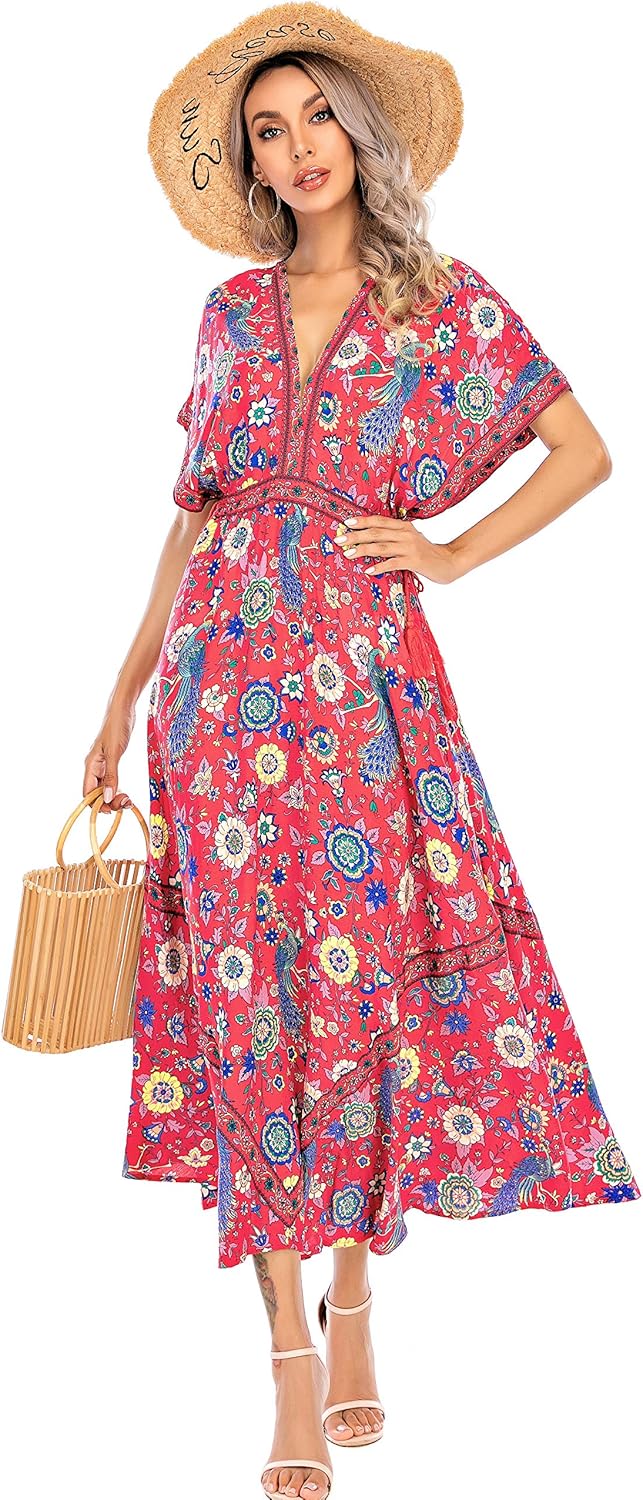 R.Vivimos Women Summer Print Deep V Neck Cotton Dress