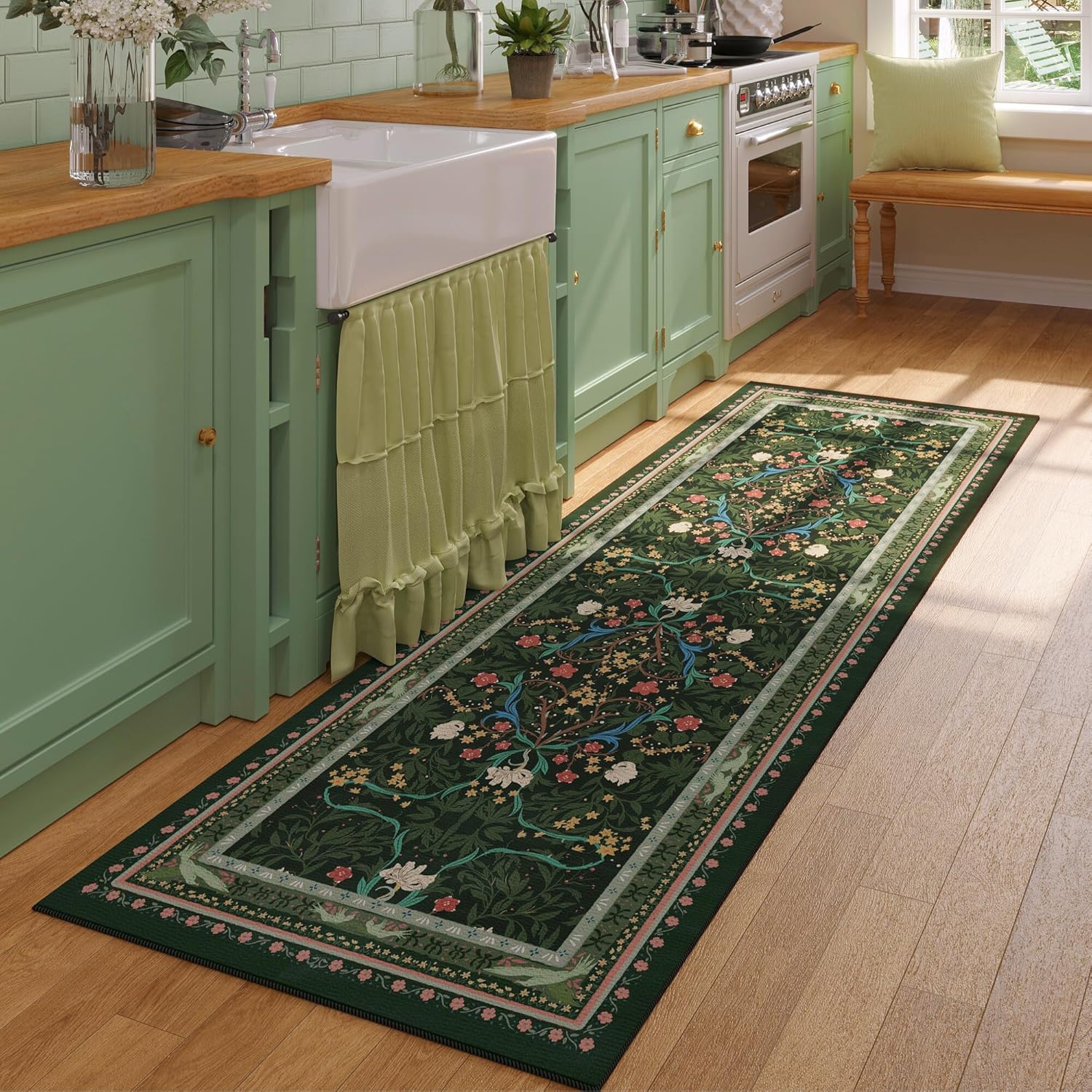 Runner Rug for Kitchen Non Slip Vintage Floral Botanical Design