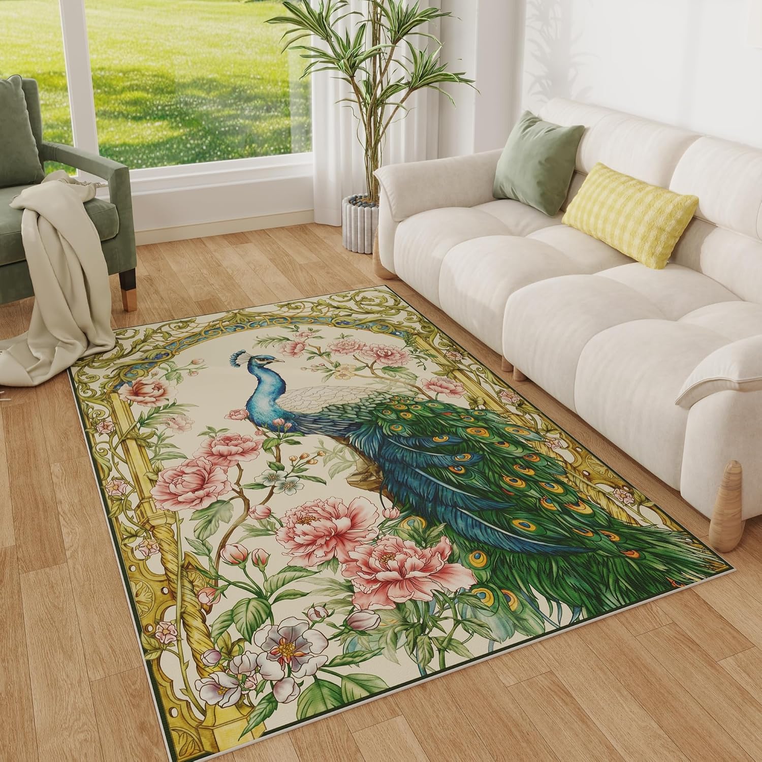 Ultra Soft 4x6 Washable Floral Peacock Area Rug for Home