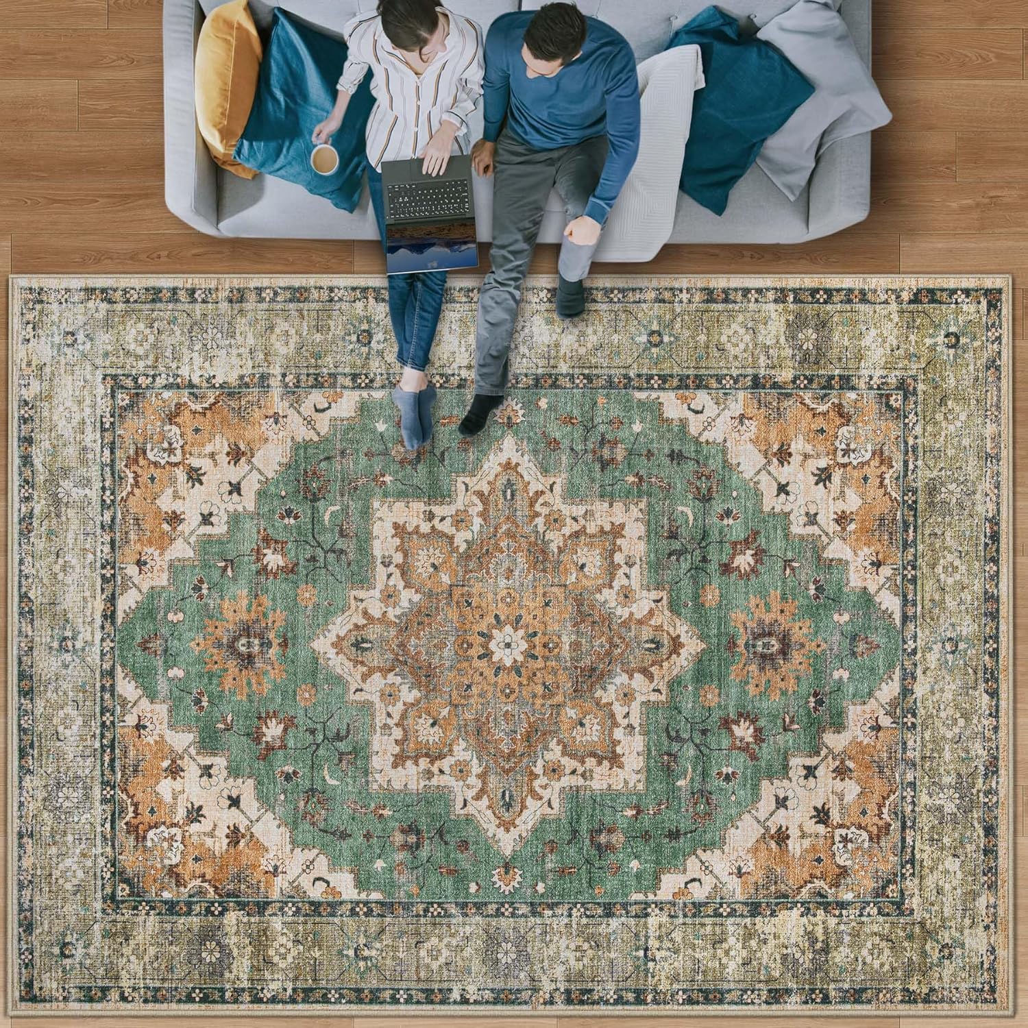 Vintage Area Rug 8x10: Washable Medallion Rug for Home Decor