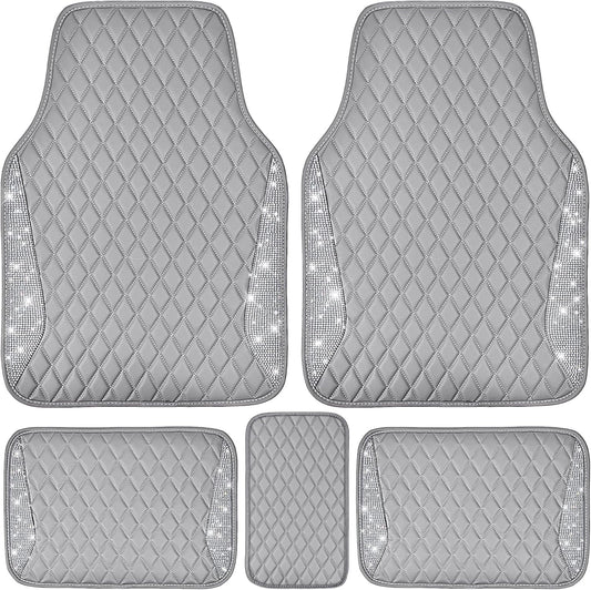 Bling Diamond Leather Car Mats for Women - Sparkly Gray Design