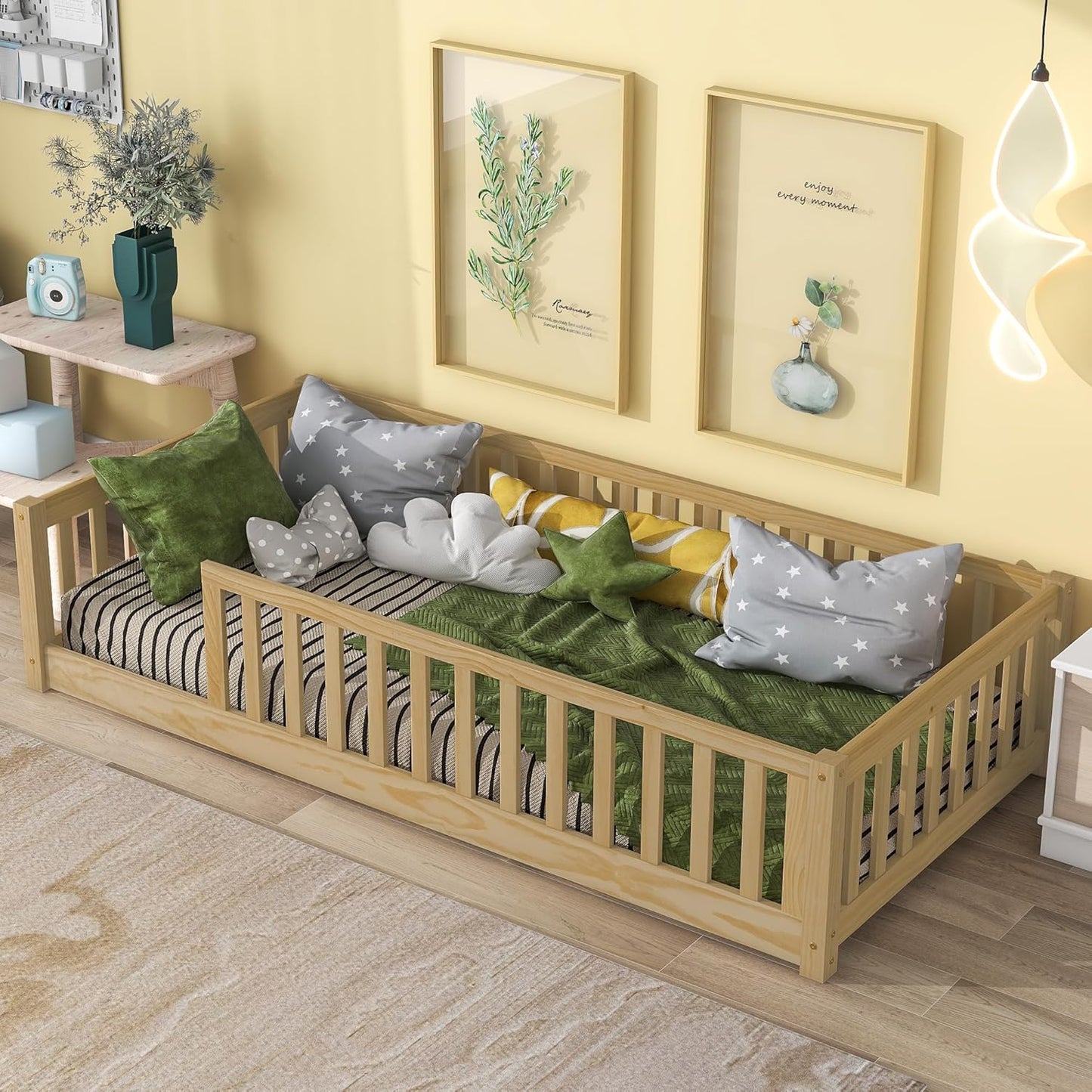 Montessori Twin Toddler Floor Bed with Safety Guardrails and Slats