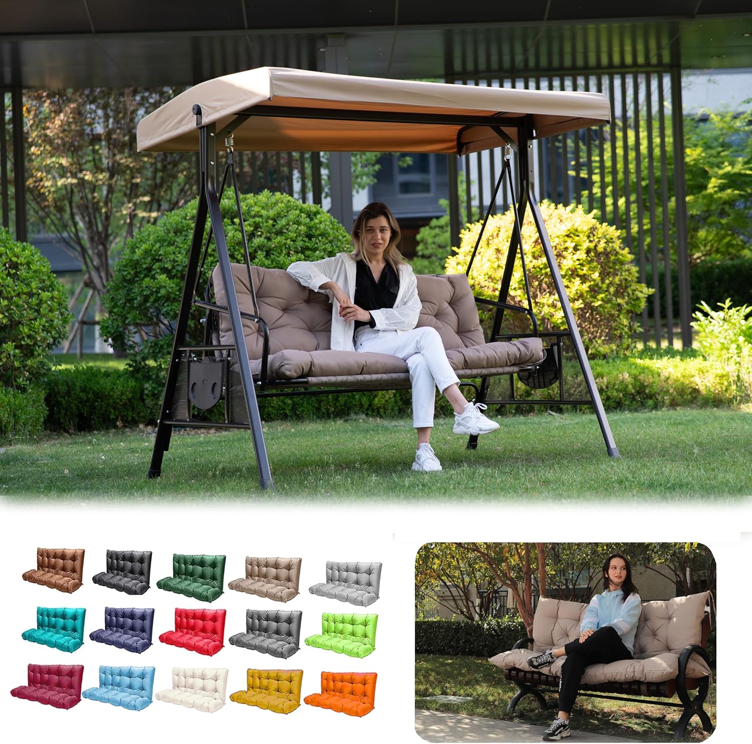 Porch Swing Cushions for Outdoor 3 Seater with Backrest Khaki