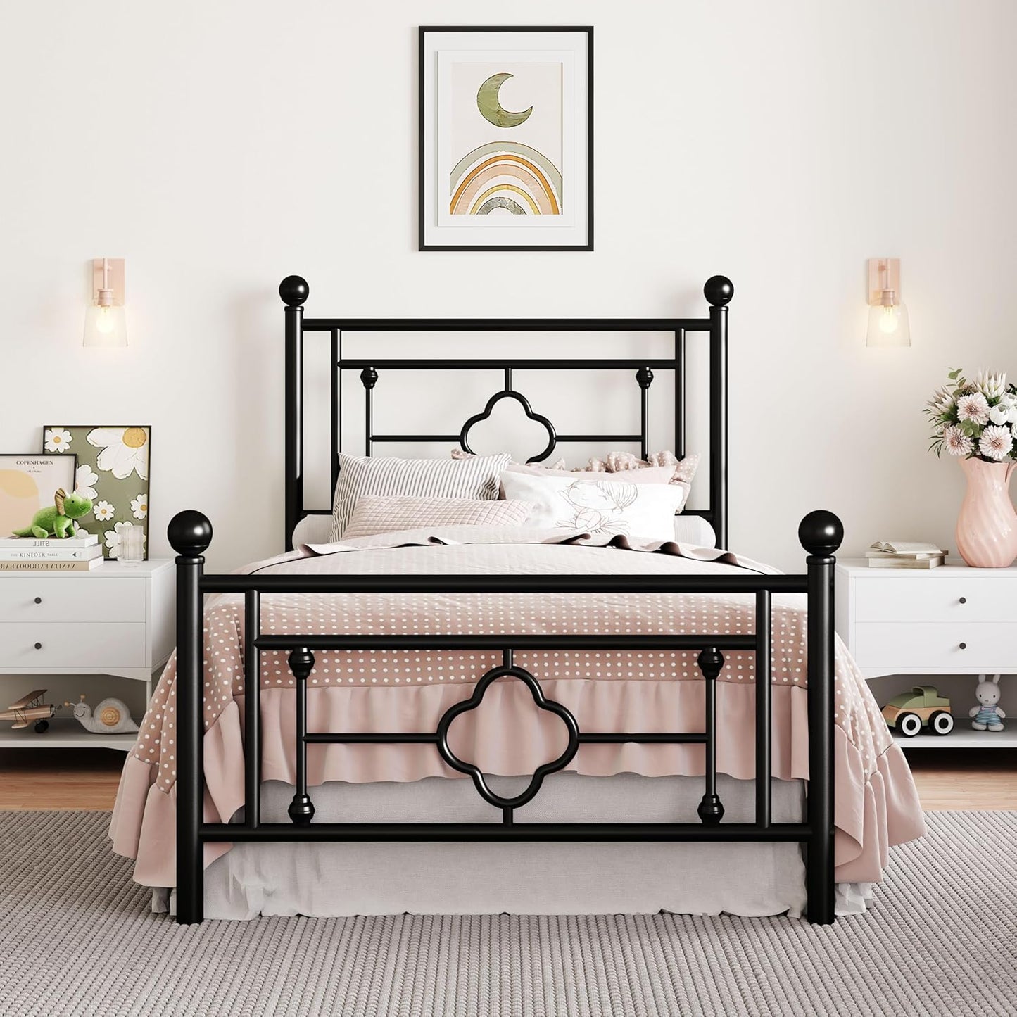 Sturdy Twin Size Metal Platform Bed Frame with Vintage Design