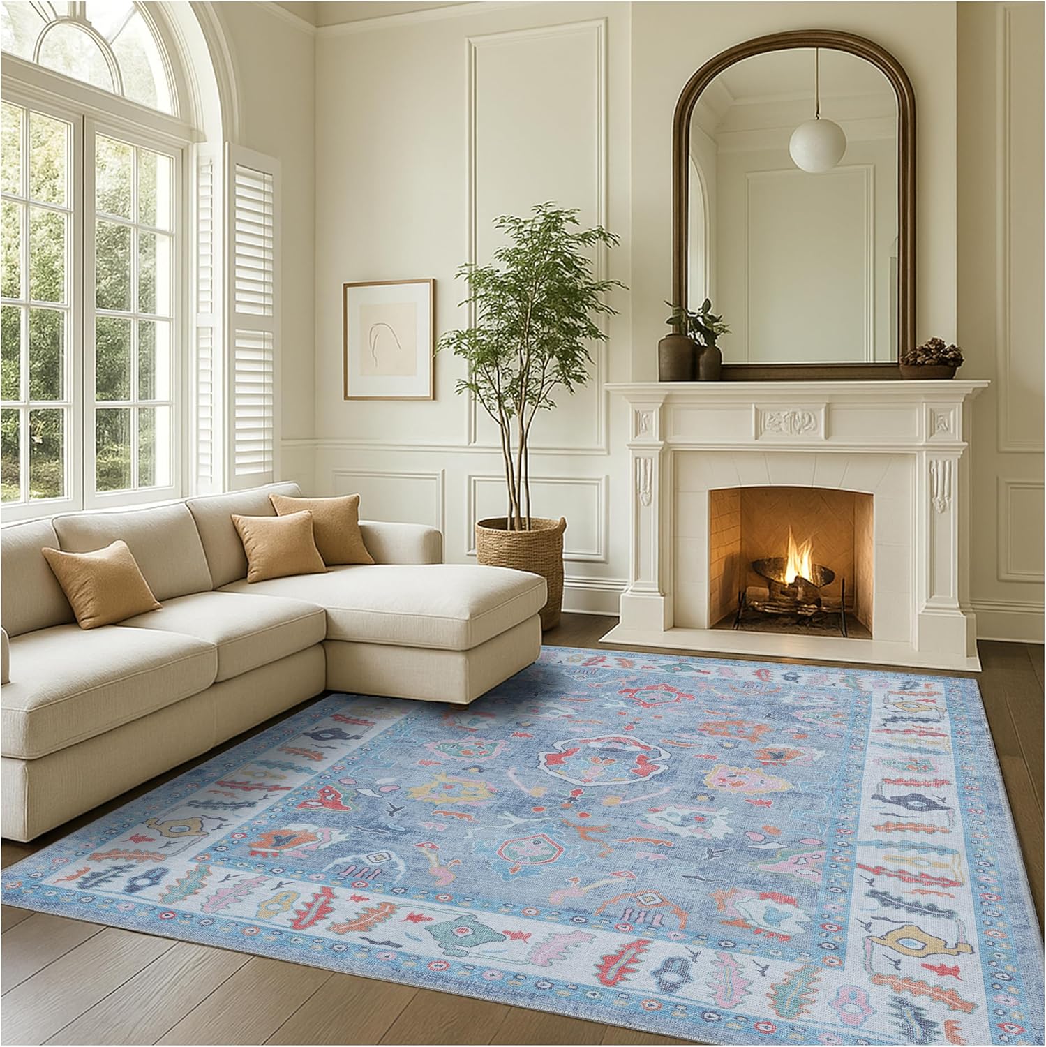 Blue Modern Oushak Rug, 5x7 Washable Vintage Turkish Design