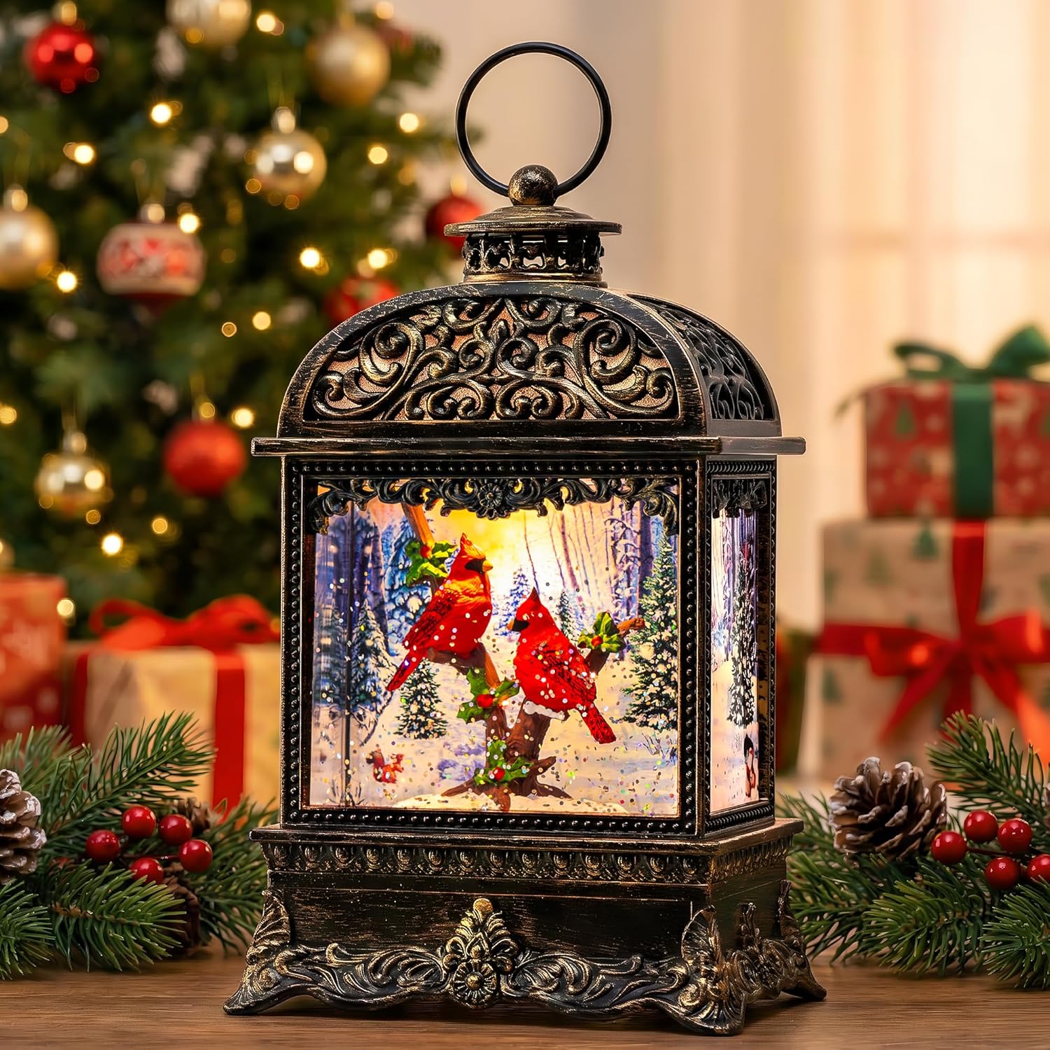Christmas Snow Globe Lighted Cardinal Scene for Holiday Cheer