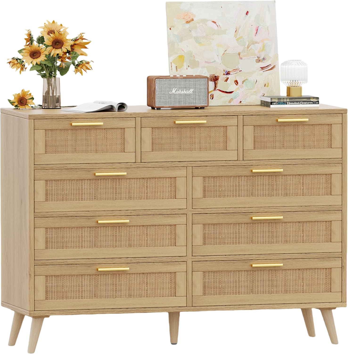 Rovaurx 9 Drawers Dresser for Bedroom with Rattan Drawers