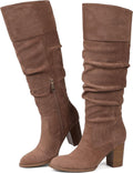 Suede Knee-High Boots - Chunky Block Heel Slouchy Western Style Shoes