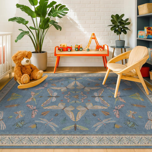Blue Washable Kids Playroom Rug - Soft Non Slip Area Rug