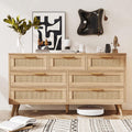 Rovaurx 7 Drawer Double Dresser with Rattan and Golden Handles