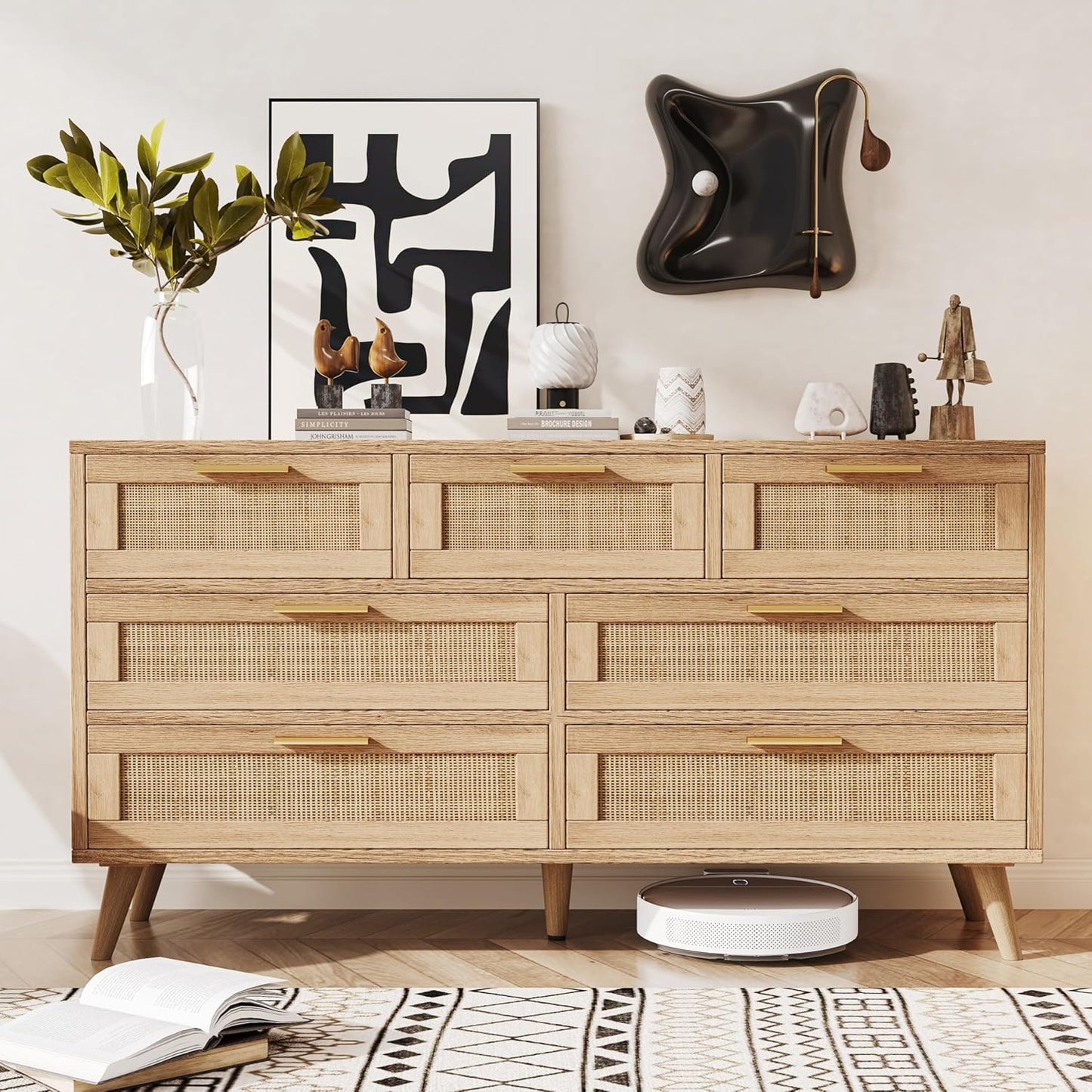 Rovaurx 7 Drawer Double Dresser with Rattan and Golden Handles