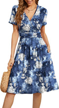 Women's Summer Short Sleeve Floral Dress with Pockets - Casual V-Neck