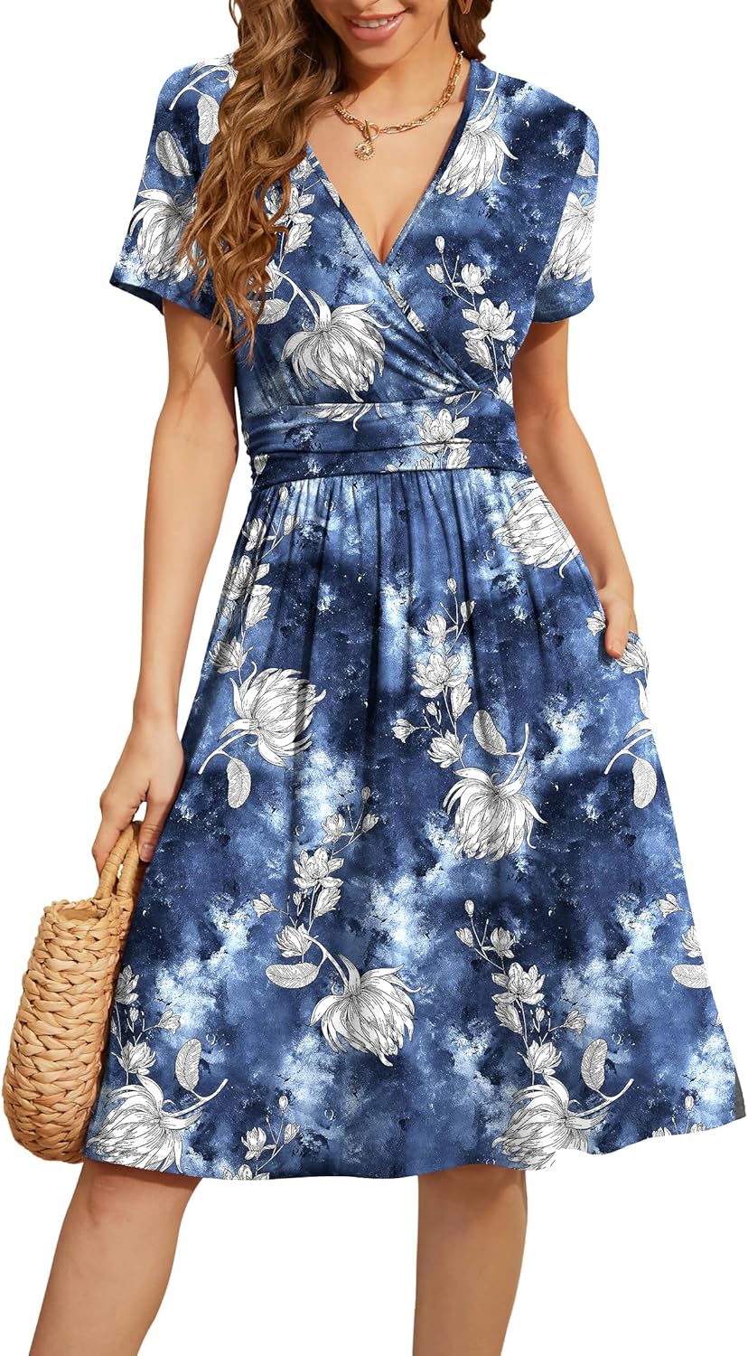 WEACZZY Women's Summer Short Sleeve Casual Floral Dress with Pockets