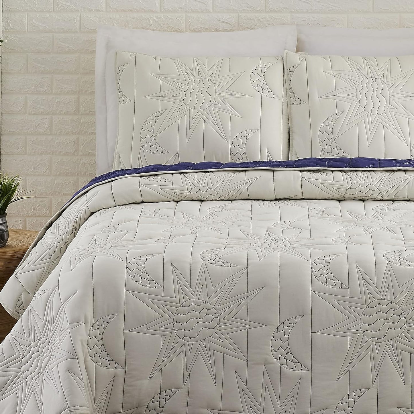 Boho Chic King Quilt Set - Natural/Blue