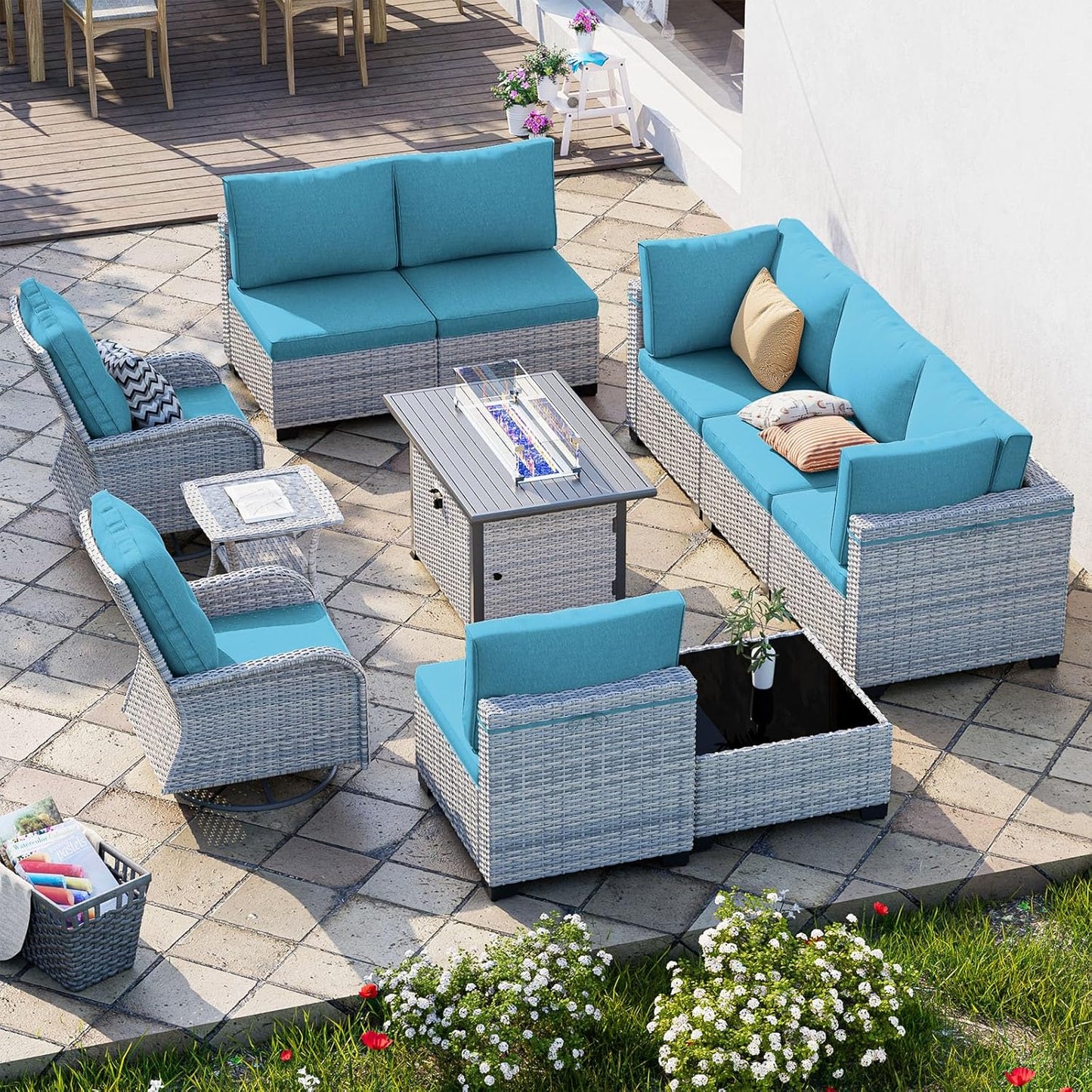 11-Piece Outdoor Patio Furniture Set with Fire Pit Table