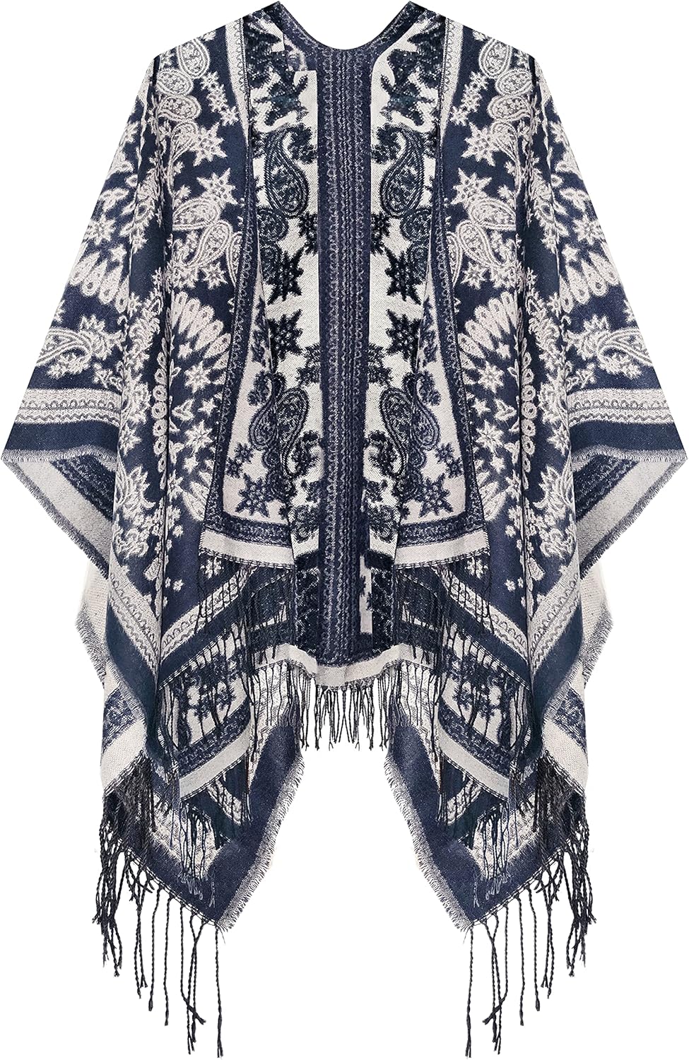 Urban CoCo Women's Printed Tassel Open Front Poncho Cape Wrap