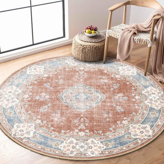 MUJOO Boho Round Rug 4ft - Vintage Washable Area Rug for Home