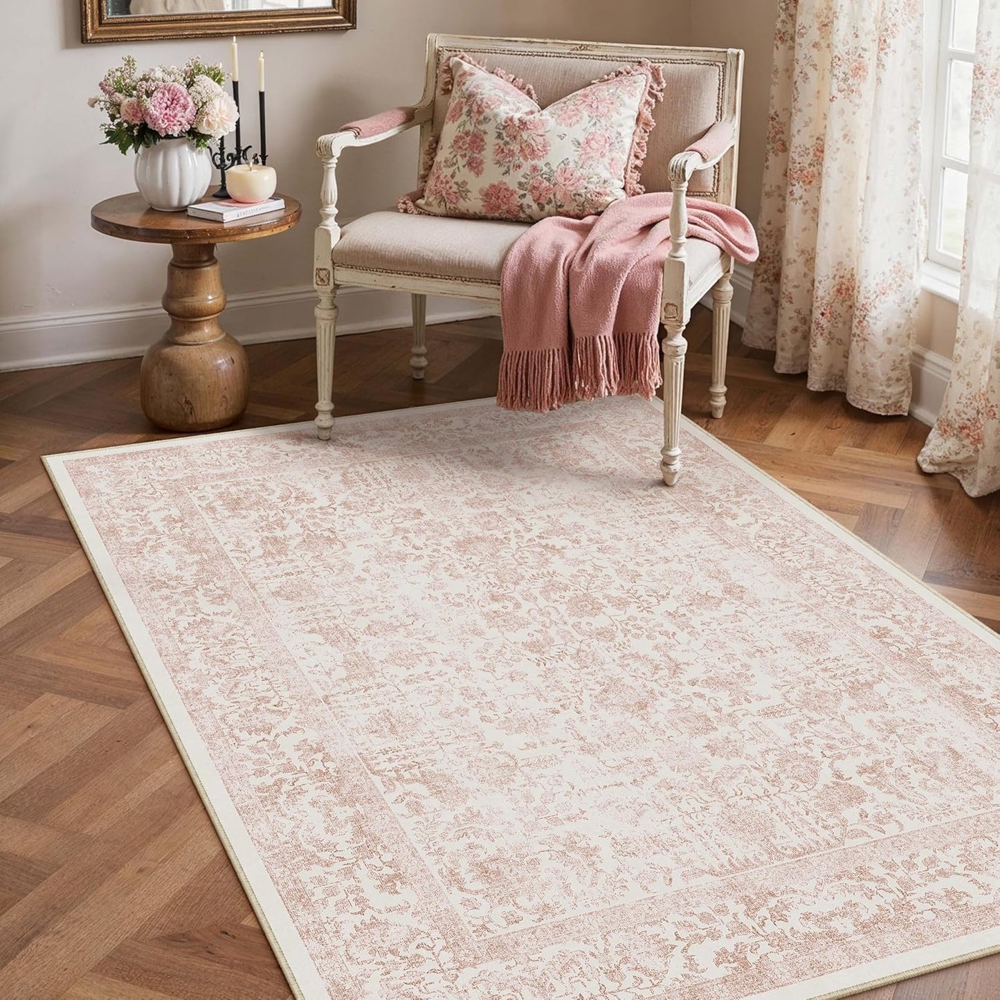 Pink Area Rug 3x4 for Office Entryway - Vintage Distressed Style