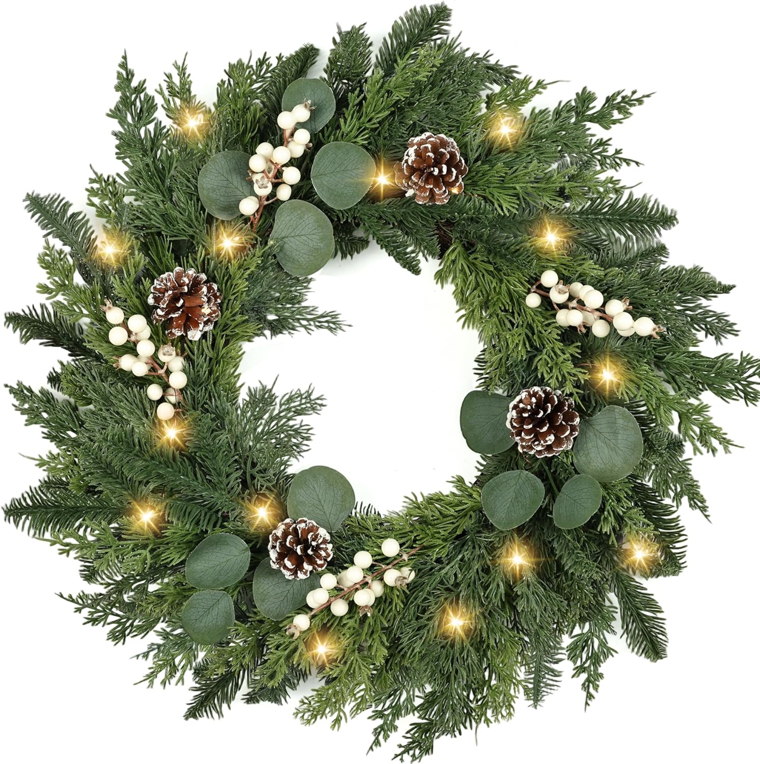 24 Inch Pre-Lit Christmas Wreath with Lights for Holiday Cheer