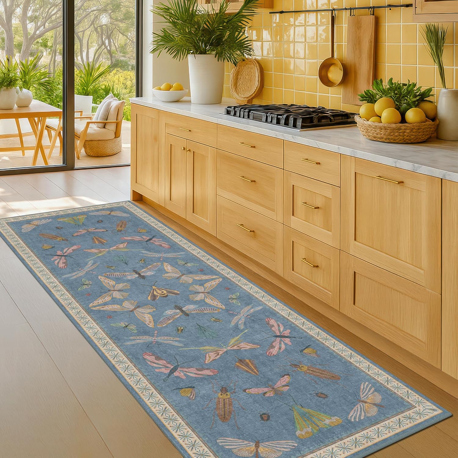Boho Non Slip Kitchen Rug Runner - Unique 2x5 Blue Rug for Home