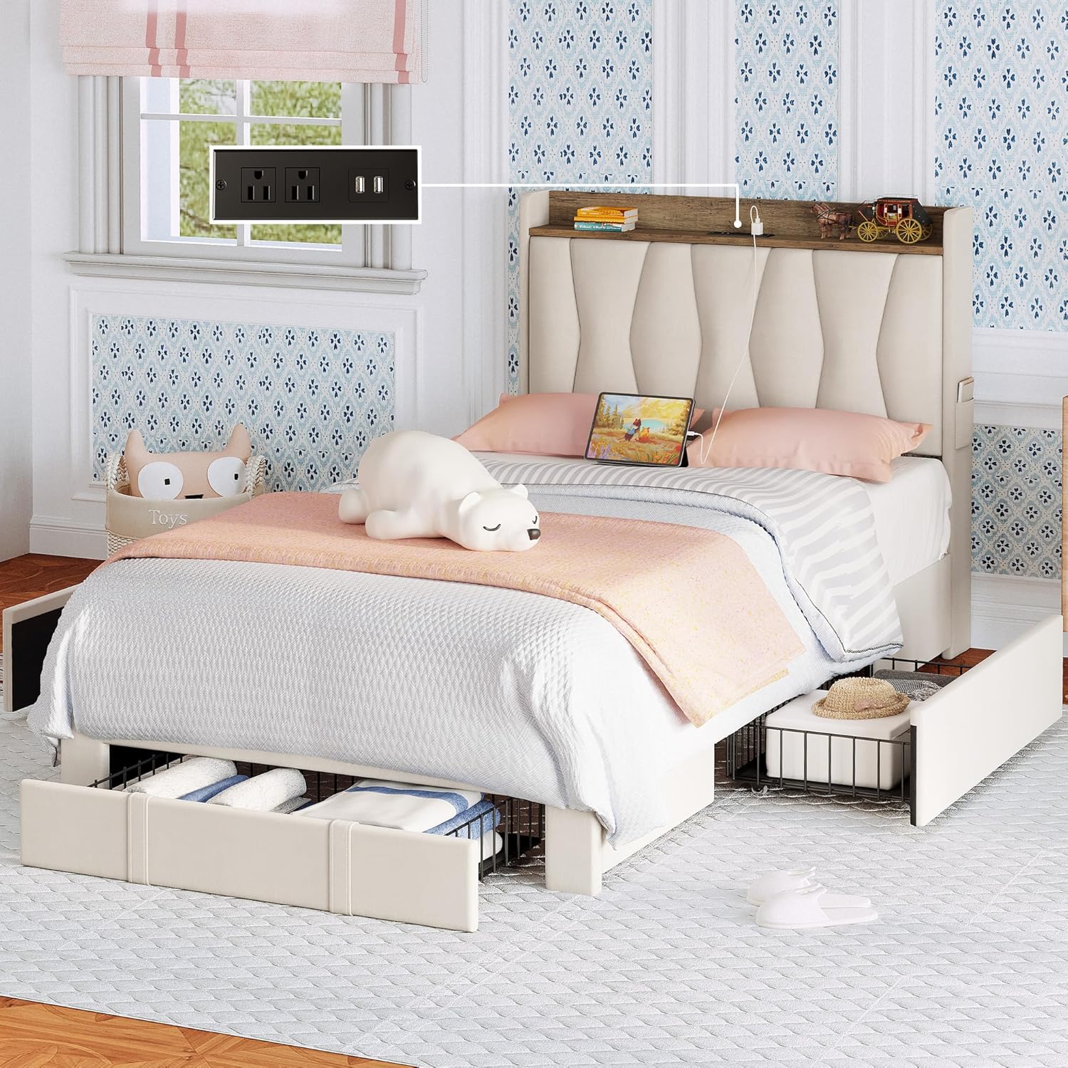 ANTCOR Twin Bed Frame with Storage Headboard and Drawers