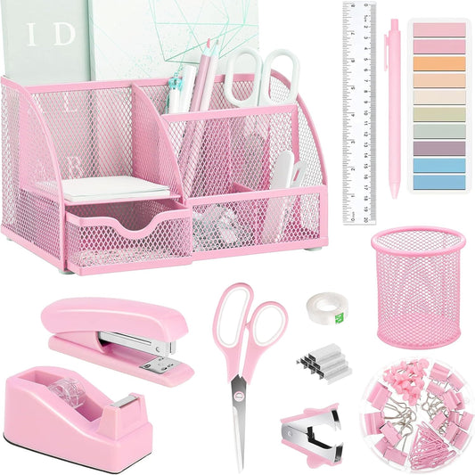 Scindaly 12pcs Pink Desk Organizer Set - Tape Dispenser, Stapler, Pen Holder & More