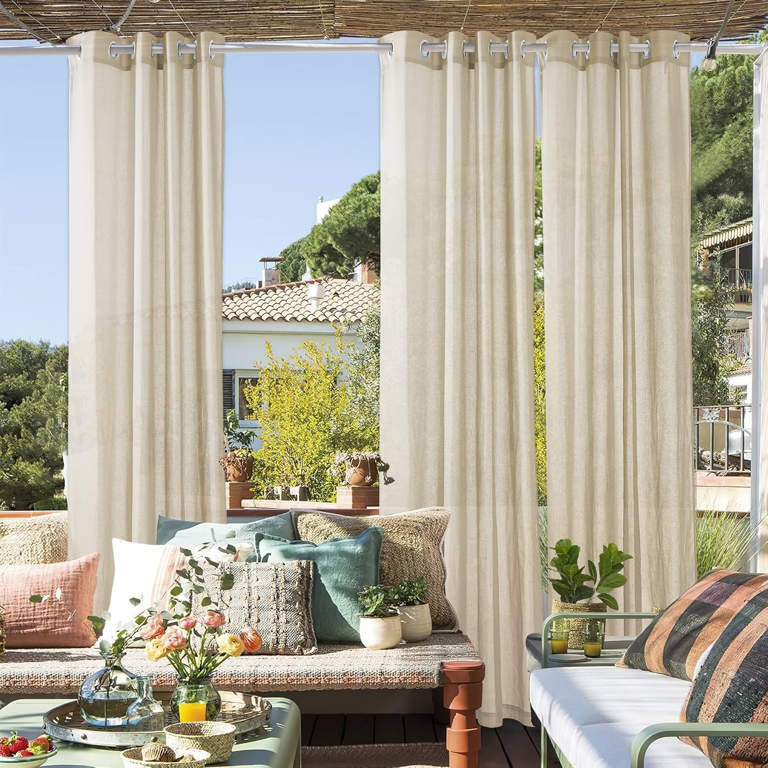 RYB HOME Outdoor Indoor Farmhouse Linen Sheer Curtains for Privacy