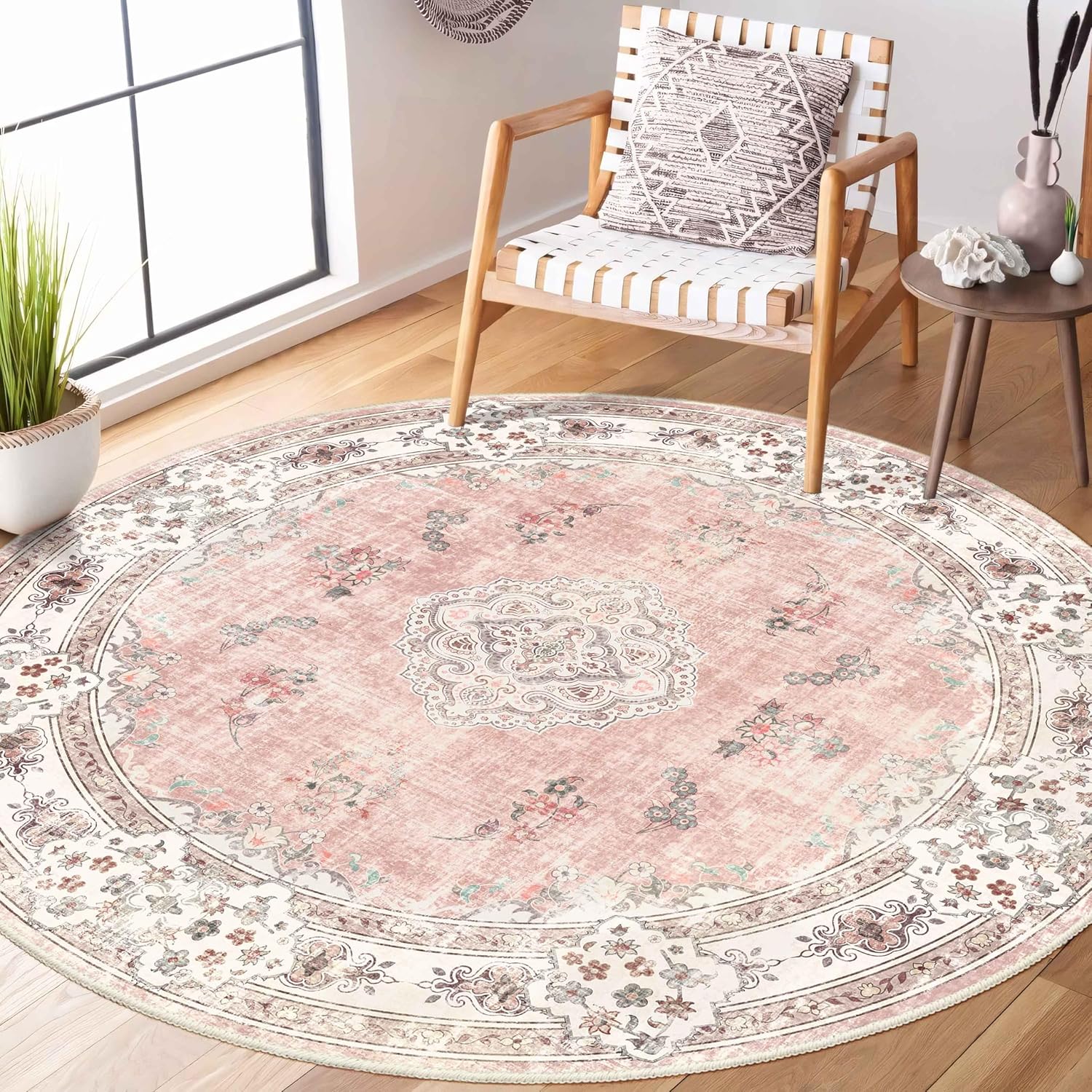 MUJOO Pink Round Rug 5ft for Bedroom and Living Room Decor