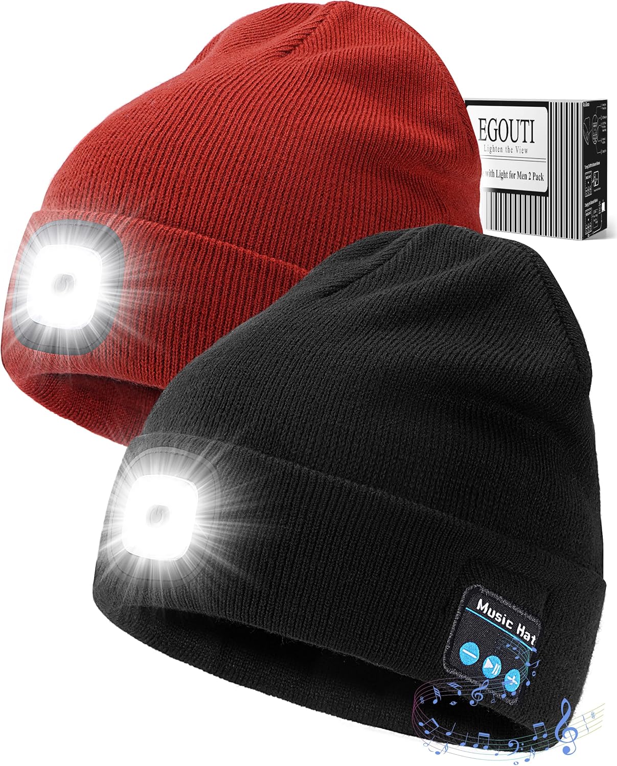 Bluetooth Beanie Hat with Light for Men - 2 Pack LED Beanie