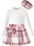 Girls Plaid Skirt Set with Ribbed Top and Beret - Cute Fall Outfit