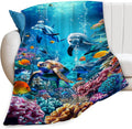 Ocean Sea Turtle Dolphin Throw Blanket Fish Animal Blue Print - Cozy