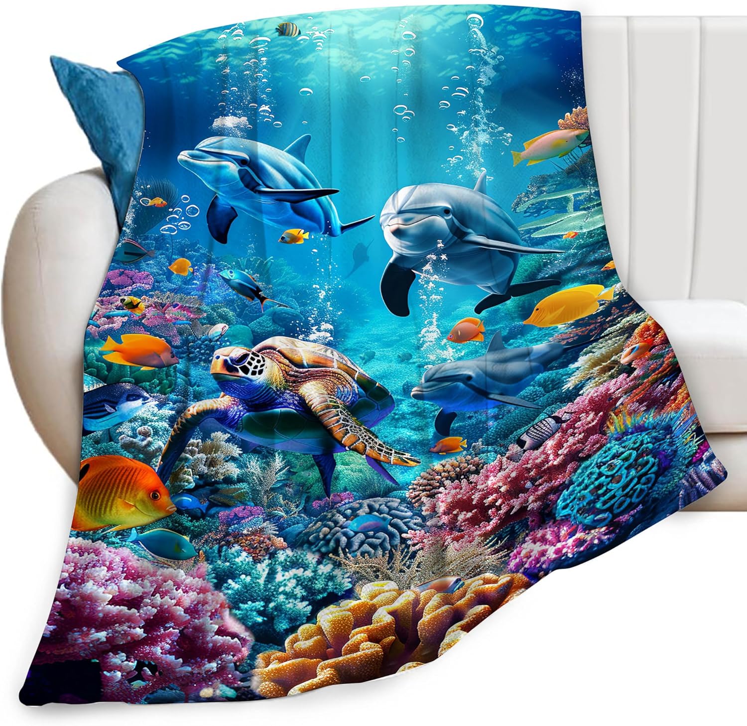 Ocean Animal Print Throw Blanket - Soft Cozy Fleece Bedding 60x80