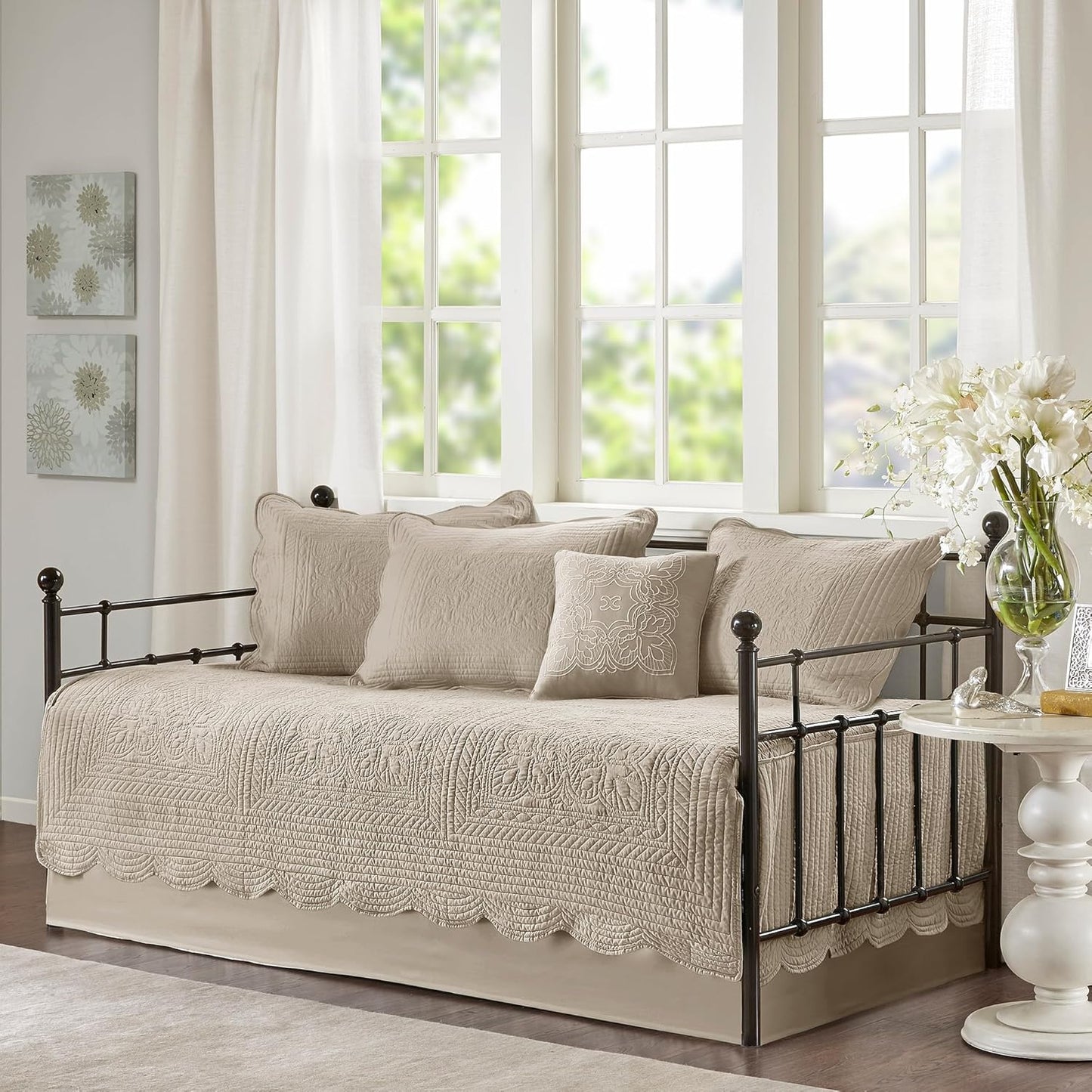 Charming Damask Quilted Daybed Cover Set for Coastal Elegance