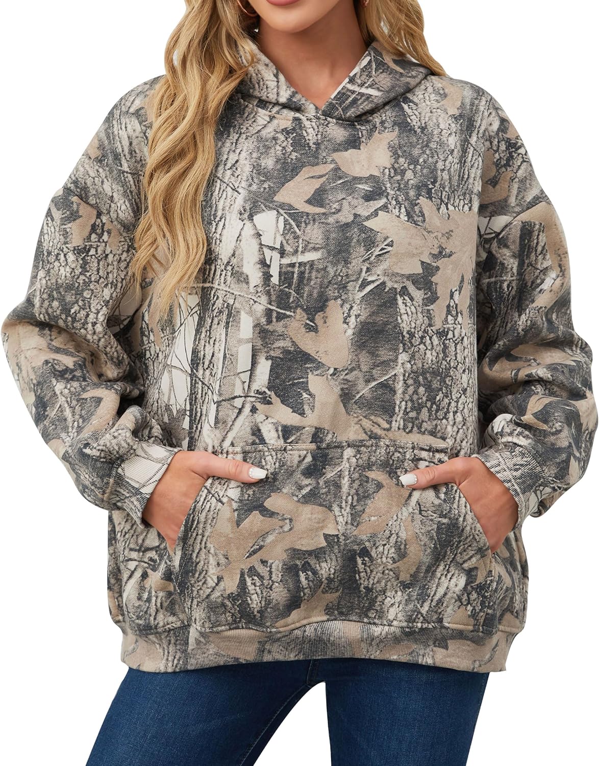 Womens Camo Hoodies with Maple Leaf Print for Cozy Style