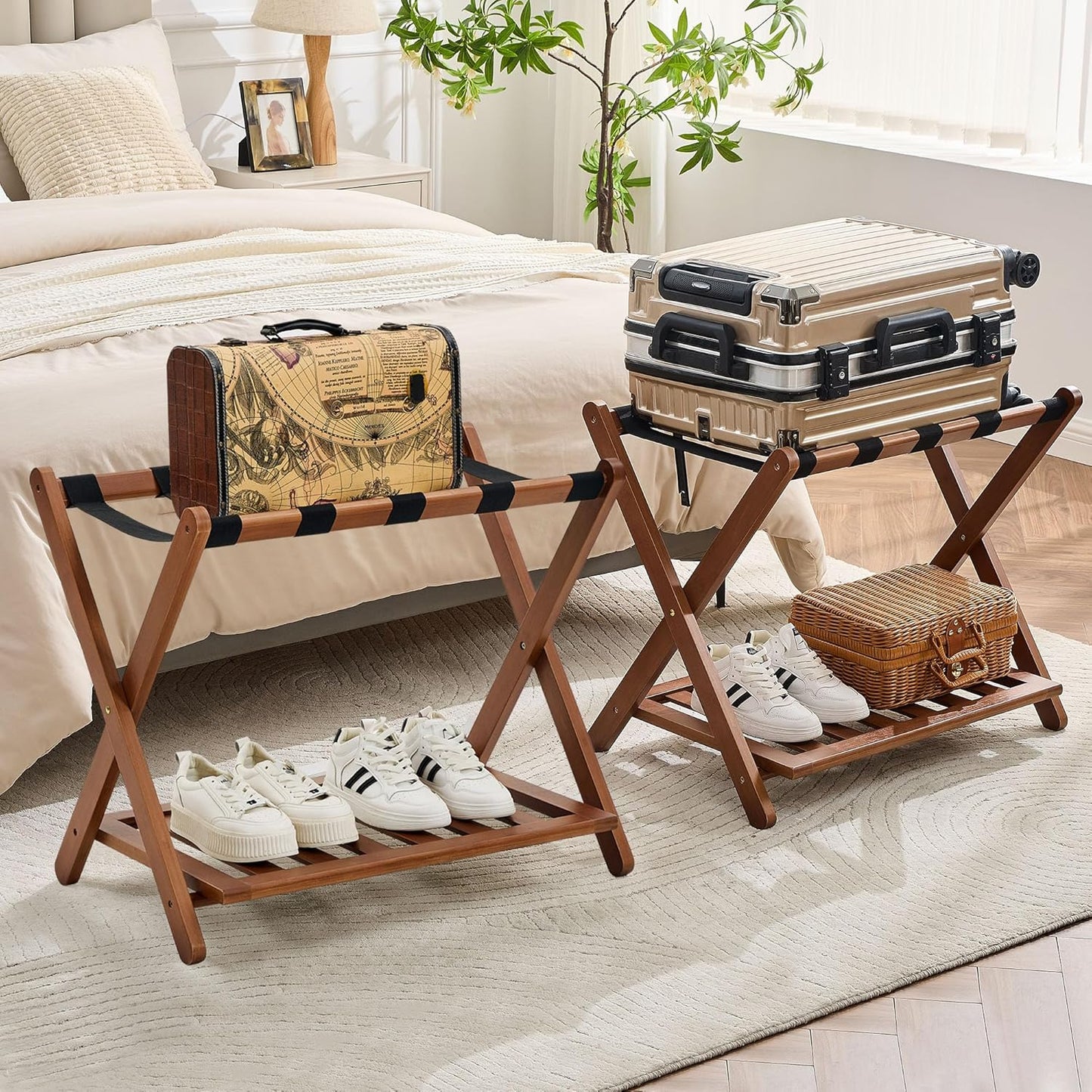 Fully Assembled Walnut Luggage Racks for Guest Room Storage