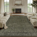 Vintage Area Rug 8x10 Washable Olive Brown Low Pile Rug - Durable