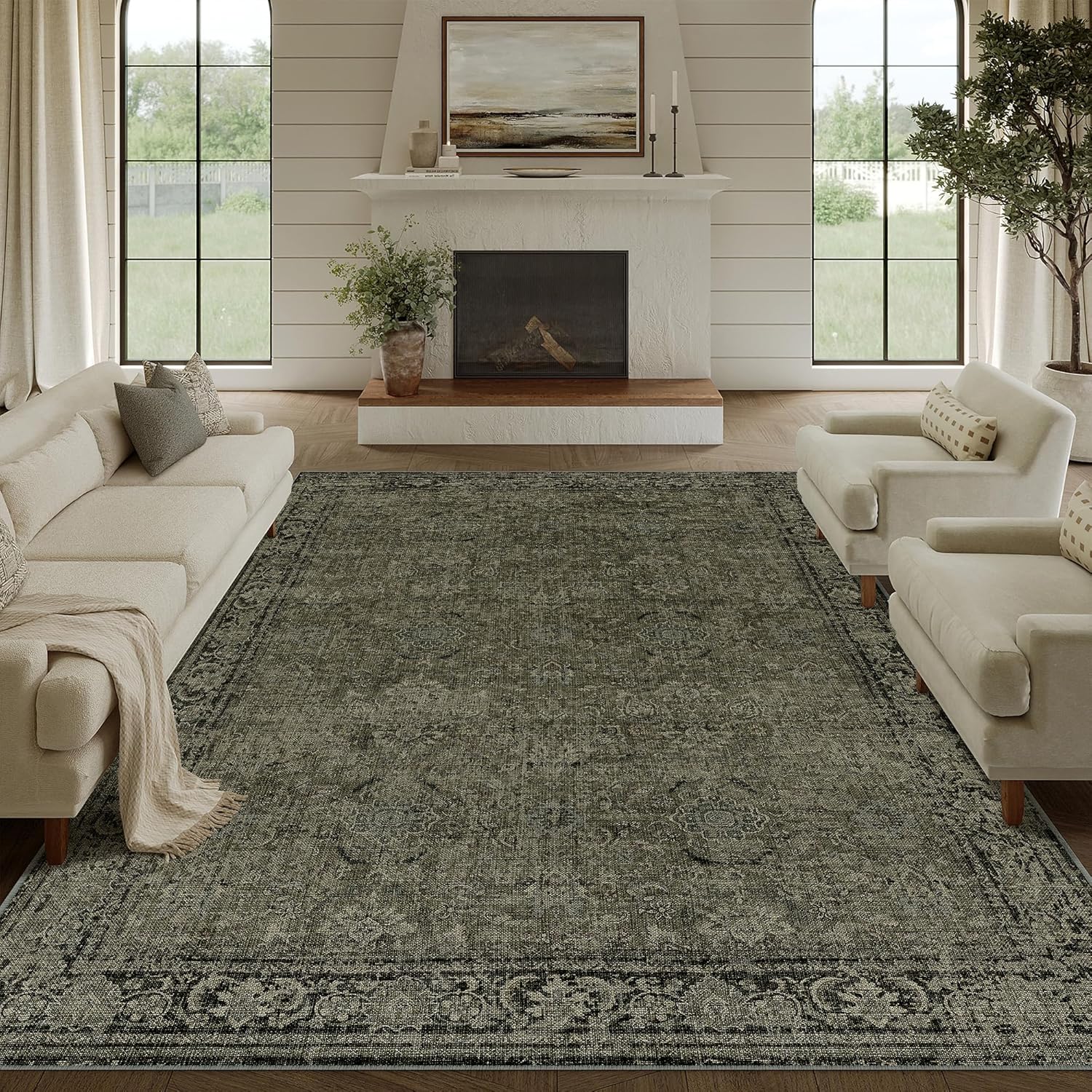 Vintage Area Rug 8x10 Washable Olive Brown for Living Room