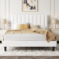 White Velvet Queen Bed Frame with Vertical Channel Headboard - Elegant