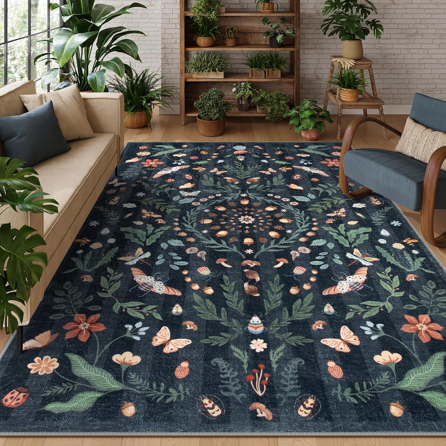 Lahome Insect Botanical Washable Black 8x10 Area Rug for Home