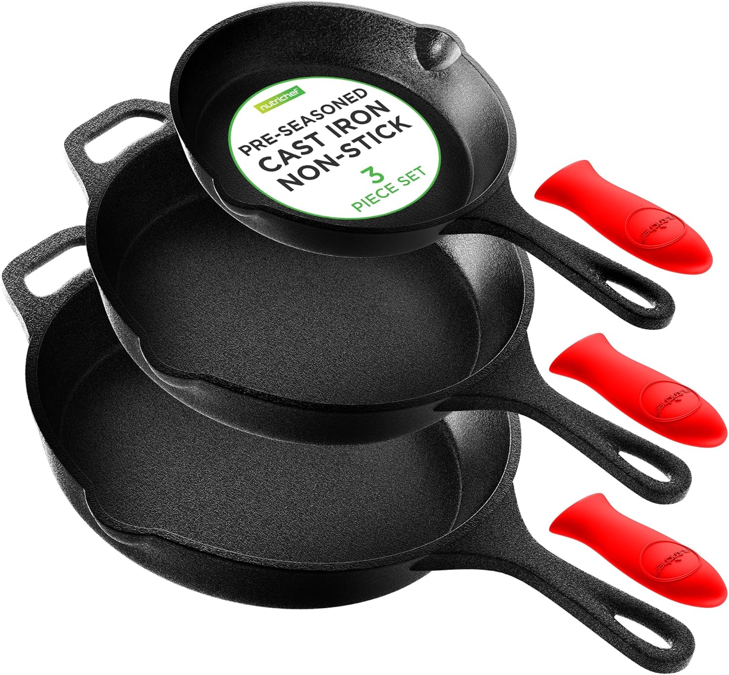 NutriChef 3pc Cast Iron Skillets - Pre-Seasoned Cookware Set