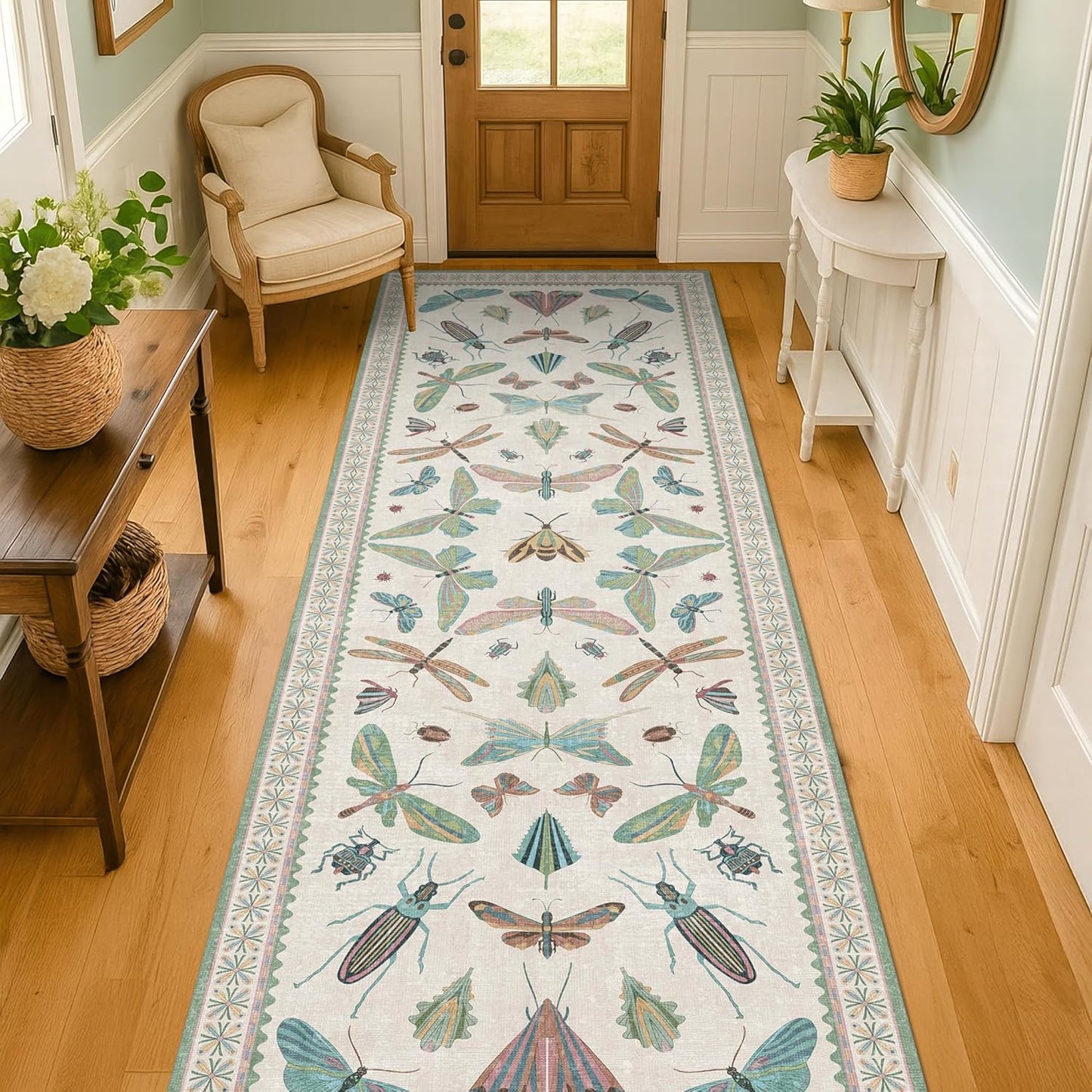 Insect Print 8ft Long Hallway Runner Rug - Light Green Decor
